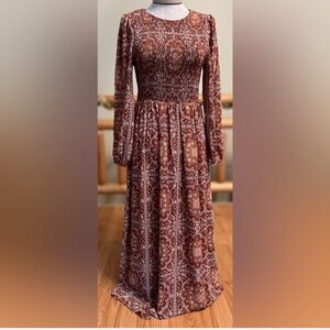 Bohme Long Sleeve Dress in Rich Browns and Rust Red